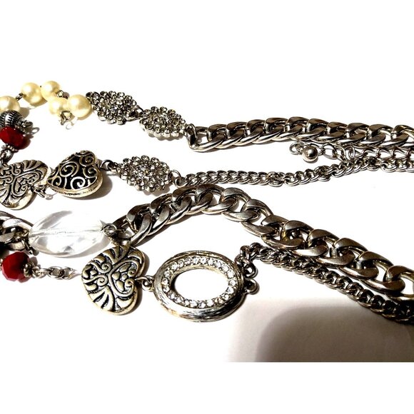 Multi-Layered Silver-Tone Necklace With Red & Pearl Beads Heart Charms & Rhinest - Picture 6 of 7